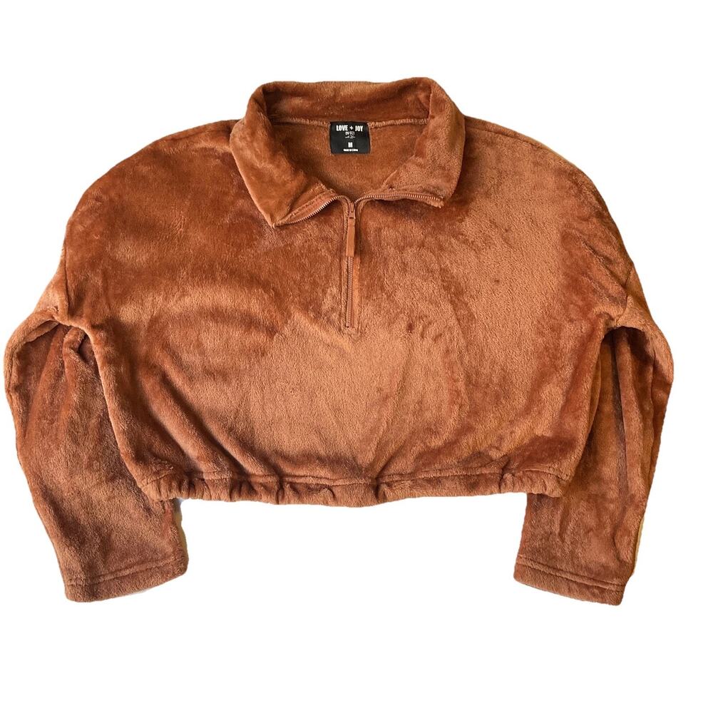 Love + Joy Women Sweatshirt M Brown Fleece Zipper Long Sleeve Crop Length